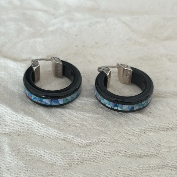 Jay King Black Chalcedony/Blue Opal mosaic Hoop Earrings - Picture 2 of 10